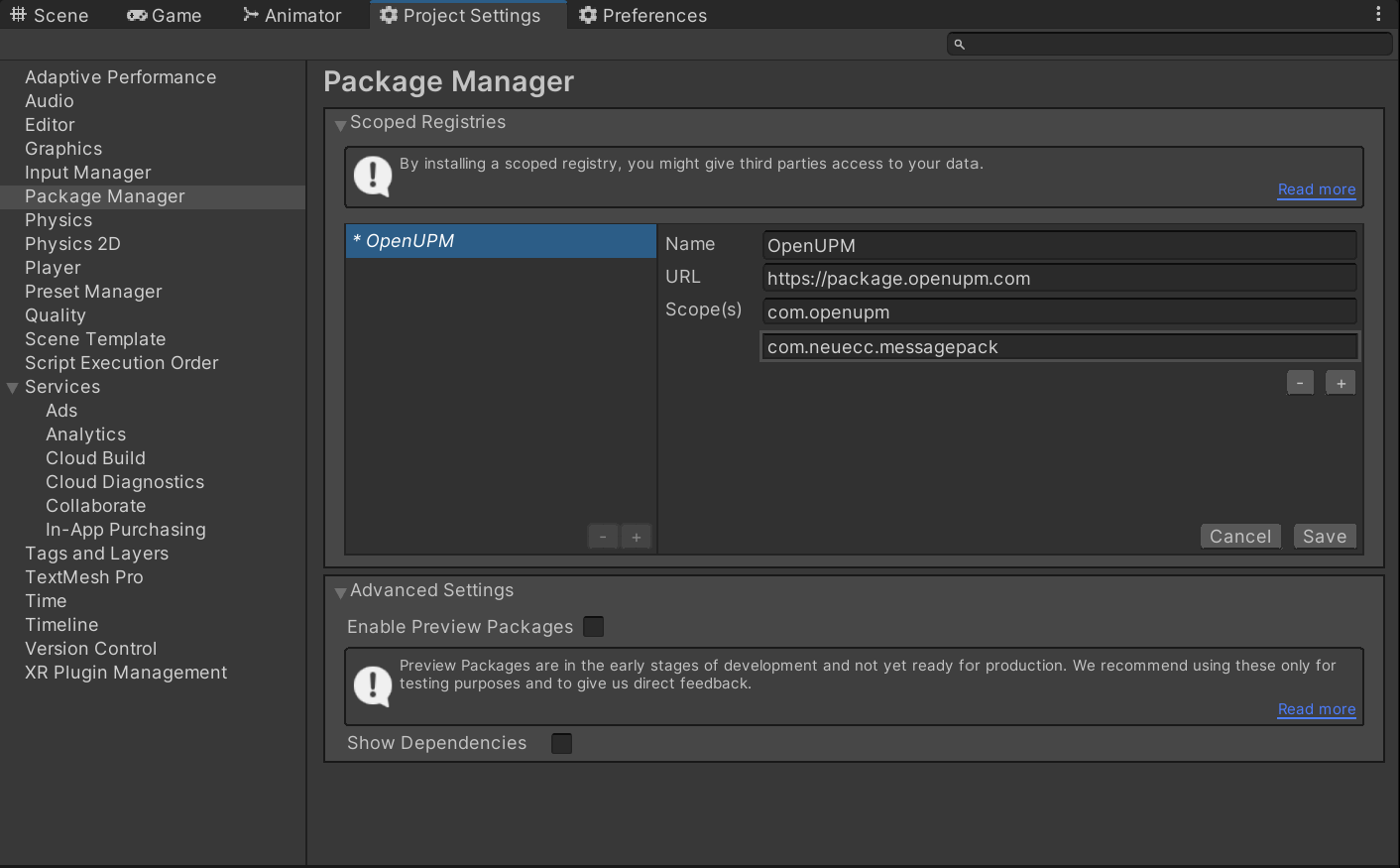 Package Manager settings
